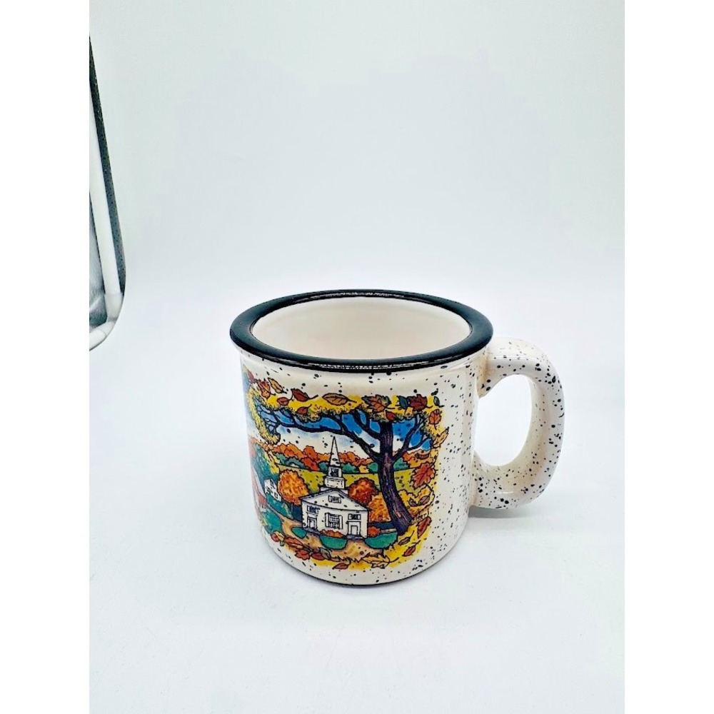 Vintage Style Scenic Ceramic Mug Cabin Fall Landscape Rustic Coffee Cup Speckled